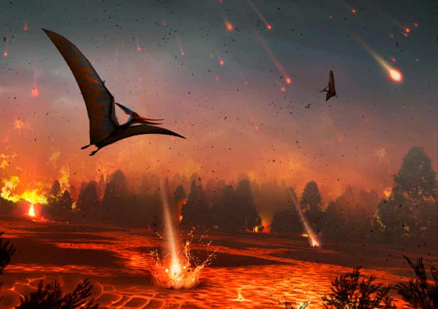 Vor 65 Millionen Jahren löschte ein Asteroideneinschlag auf der Erde Dinosaurier, Flugsaurier und viele andere Arten aus.