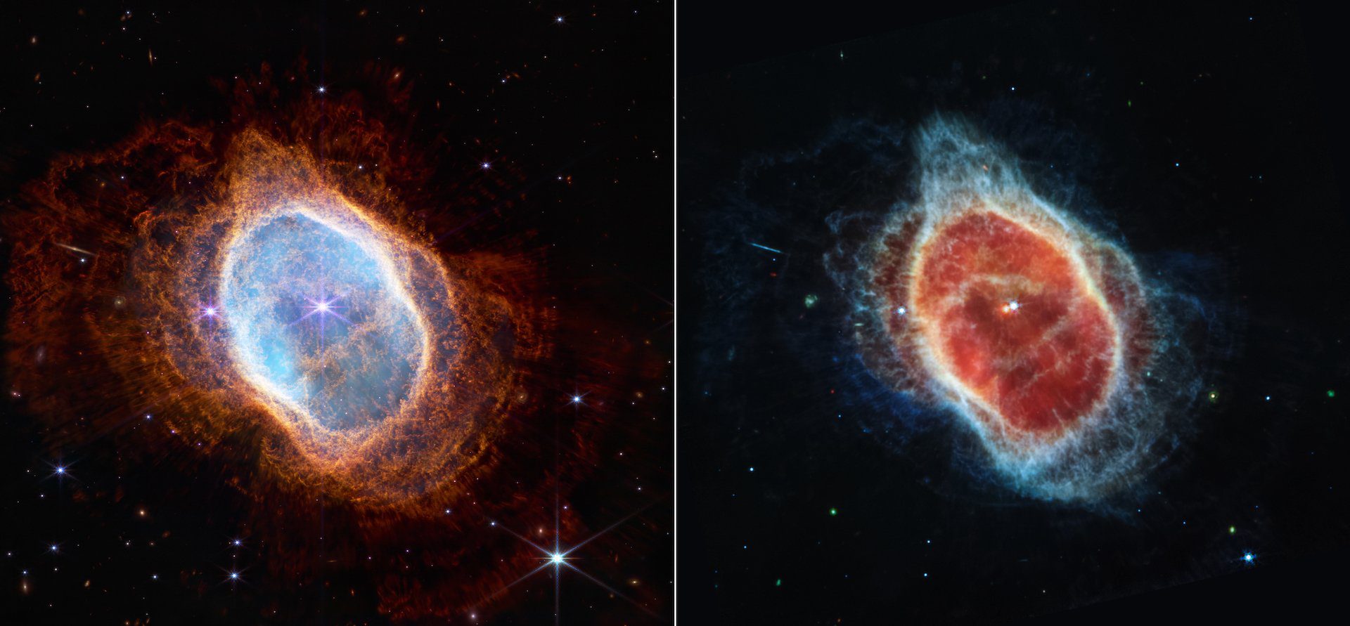 James-Webb-Teleskopbild von lebenden Hüllen aus Gas und Staub, die von einem sterbenden Stern ins All geschleudert werden.