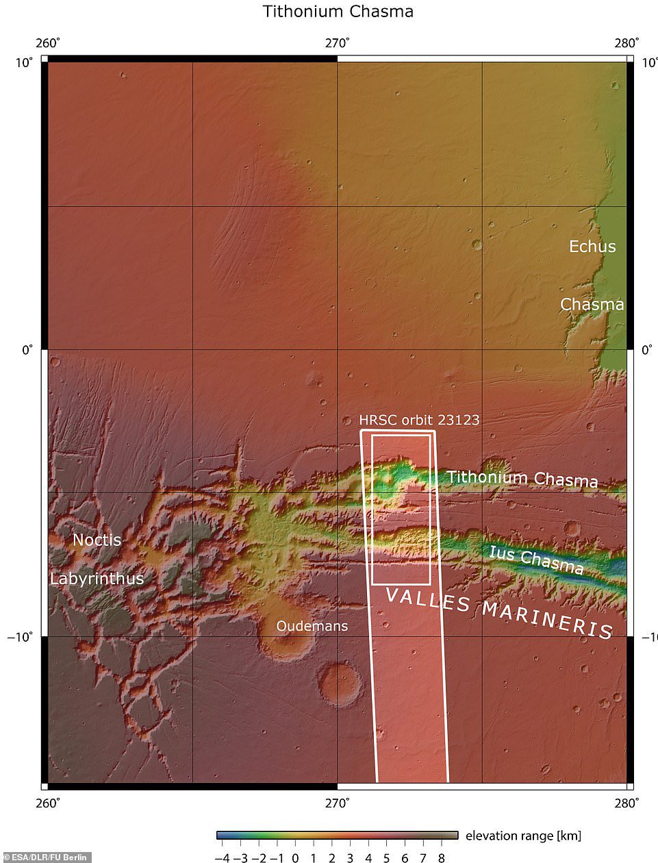 Lus und Tithonium Chasmata sind oben zu sehen.  Der im dunkelweißen Kästchen umrandete Bereich zeigt den Bereich, der von der hochauflösenden Stereokamera Mars Express am 21. April 2022 während der Umlaufbahn aufgenommen wurde.