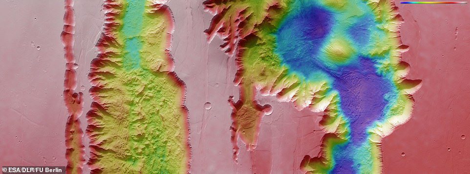 Oben abgebildet: ein farbcodiertes topografisches Bild, das Ius und Tithonium Chasmata zeigt, die Teil der Valles Marineris Canyon-Struktur des Mars sind, erstellt aus Daten, die von Mars Express der ESA gesammelt wurden.