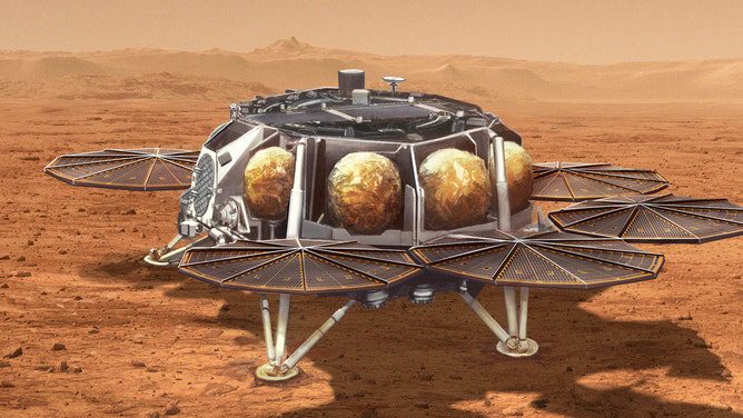 Diese Abbildung zeigt ein Konzept für ein vorgeschlagenes Probenbergungsfahrzeug für die NASA, das eine kleine Rakete (etwa 10 Fuß oder 3 Meter lang) namens Mars Ascent Vehicle zur Marsoberfläche trägt.  Beladen mit versiegelten Röhren, die Proben von Marsgestein und Erde enthalten, die vom Perseverance-Rover der NASA gesammelt wurden, wird die Rakete in die Marsumlaufbahn abheben.  Die Proben werden dann zur detaillierten Analyse zurück zur Erde transportiert.