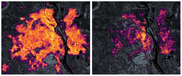 Nebeneinander liegende Satellitenbilder von Kiew zeigen, wie die Stadt nach der russischen Invasion in Dunkelheit versinkt